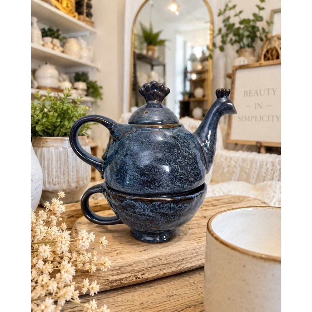 Blue Ceramic Tea for One Teapot & Cup Set Glazed Stoneware‎ Tea Set